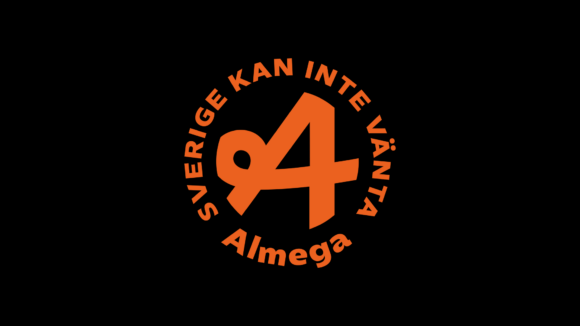 Logotyp till kampanjen Sverige kan inte vänta. Svart bakgrund med orange text.